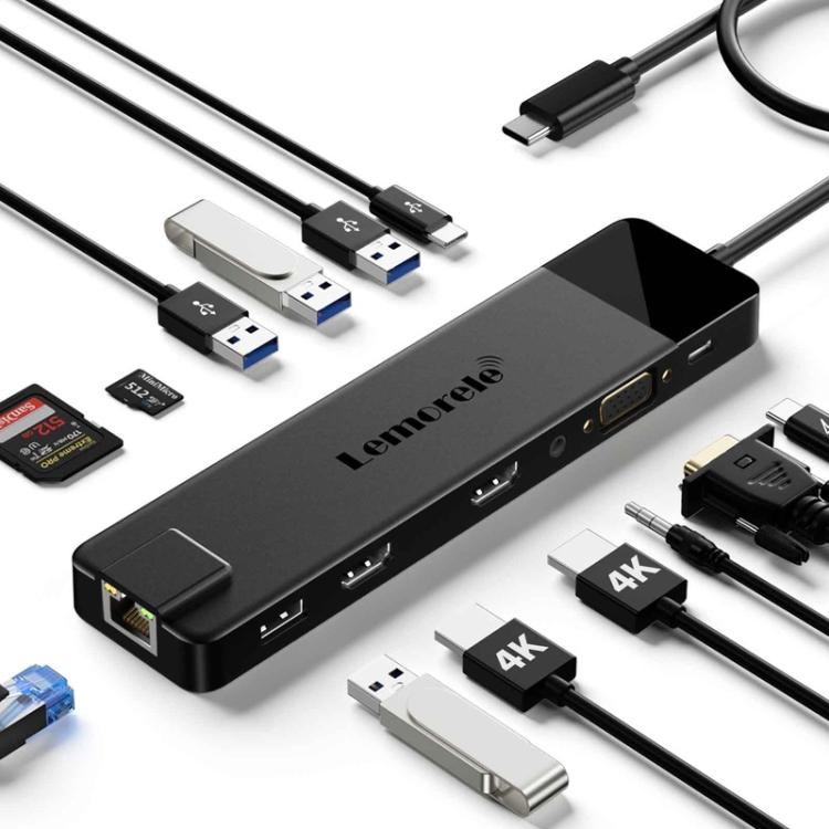 Lemorele TC100 13-i-1-dockingstation med HDMI, Gigabit Ethernet og PD-opladning / Dockingstation / Hub