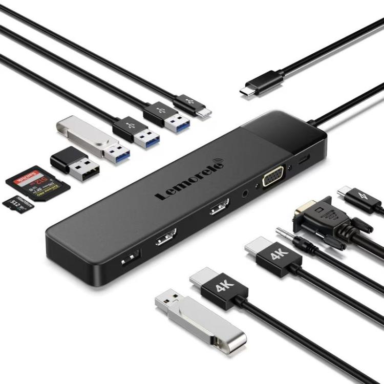 Lemorele TC200 13-i-1-dockingstation med HDMI, VGA og flere porte / USB-C-hub / Multidock