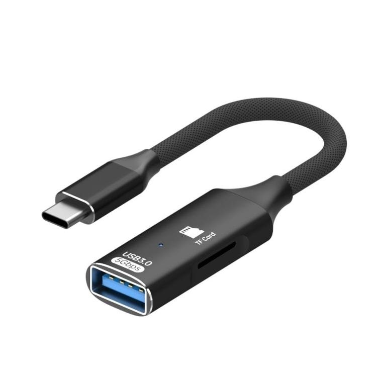 USB-C-OTG-adapter med TF/microSD-kortlæser og USB 3.0 / filoverførsel op til 5 Gbit/s – Sort
