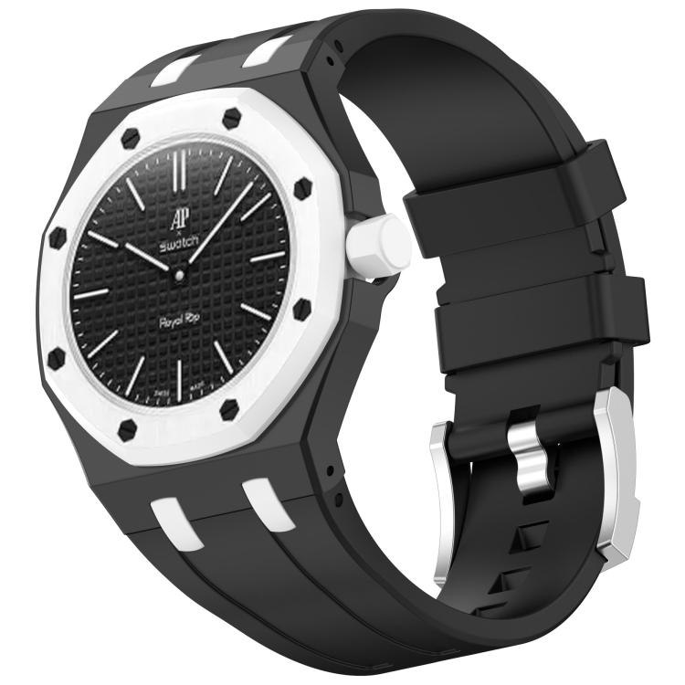 Urrem i silikone til Swatch Royal Pop / Audemars Piguet / silikonerem med stiftspænde – Sort/Hvid