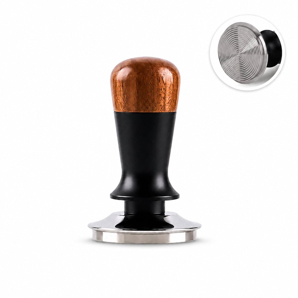Kaffestamp 58 mm med konstant tryk og håndtag af valnøddetræ, gevind i bunden / Espressostamp