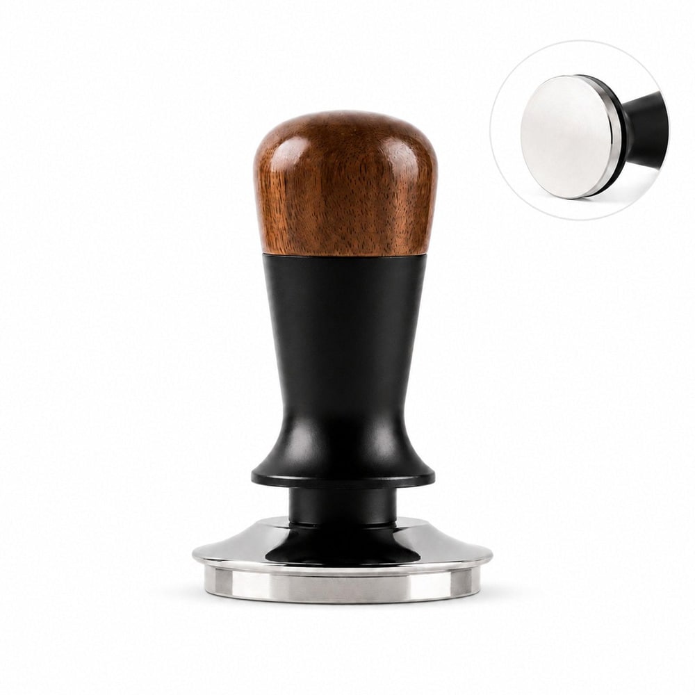 Kaffestamp 58 mm med konstant tryk og håndtag af valnøddetræ, flad bund / Espressostamp