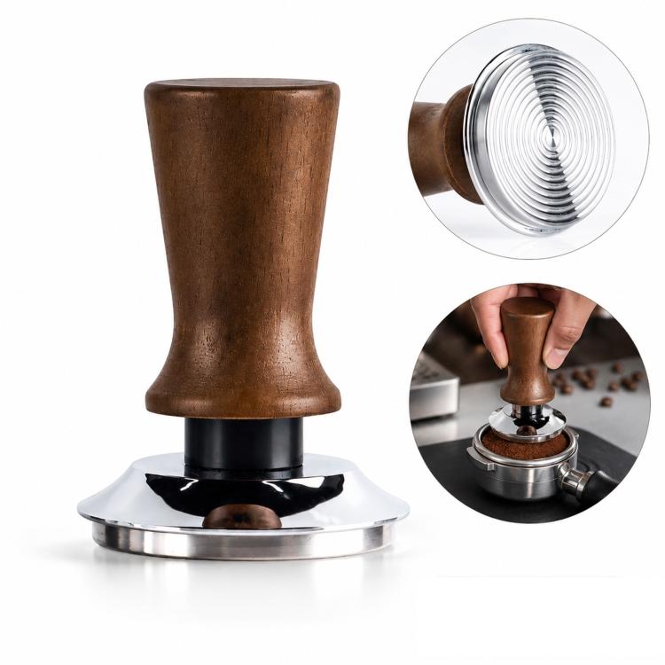 Kaffestamp 51 mm i rustfrit stål med træhåndtag, gevindskåret bund / Espressostamp