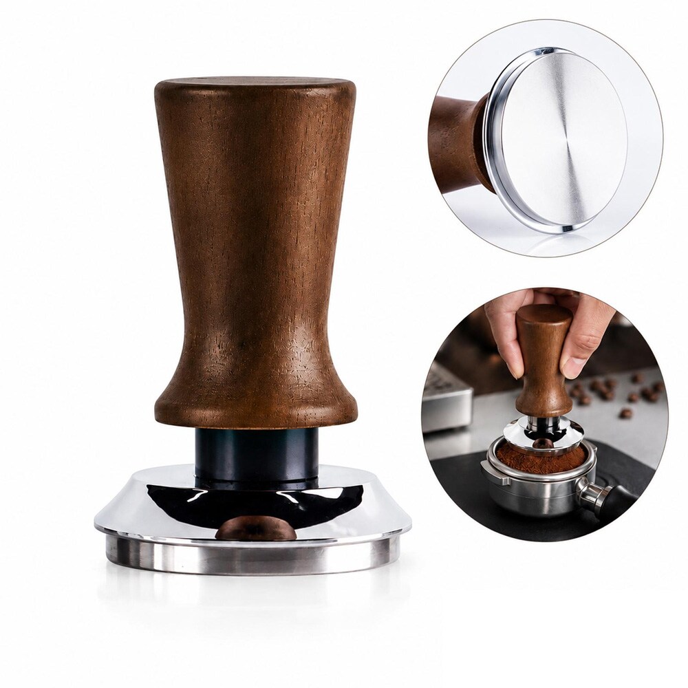 Kaffestamp 53 mm i rustfrit stål med træhåndtag, flad bund / Espressostamp / Kaffestamp