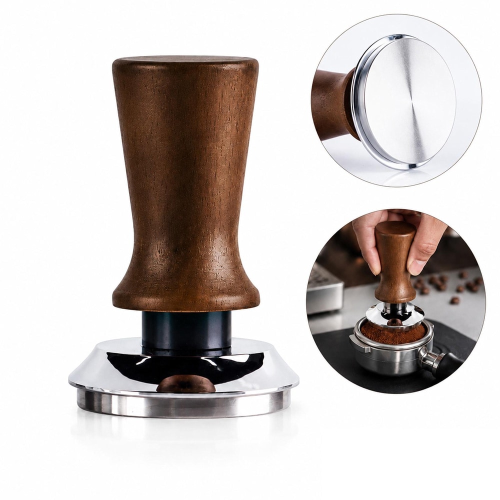 Kaffestamp 58 mm i rustfrit stål med træhåndtag, flad bund / Espressostamp / Kaffestamp