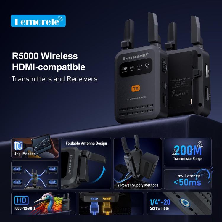 Lemorele R5000 trådløs HDMI-sender / 1080p videosender med HDMI loop out og op til 200 m rækkevidde