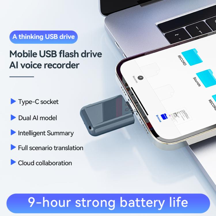 AI-diktafon med USB-C, 16 GB – Mørkeblå / Bærbar stemmeoptager / USB-nøgle med optagefunktion