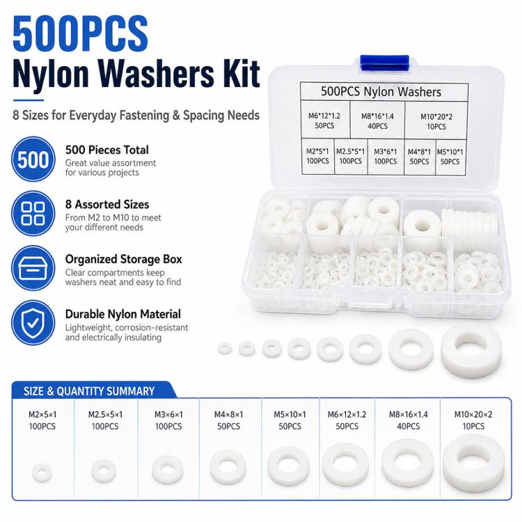 Afstandsskiver i nylon, 500-pak – Hvid / Nylon-skiver / Isoleringsskiver