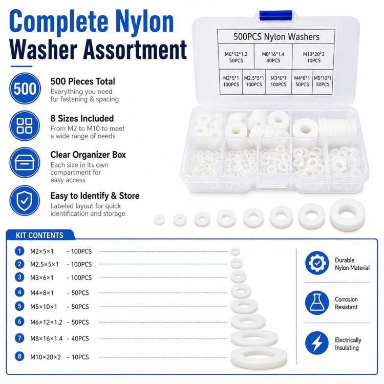 Afstandsskiver i nylon, 500-pak – Hvid / Nylon-skiver / Isoleringsskiver