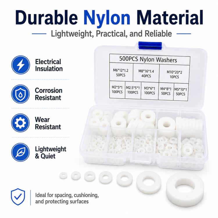 Afstandsskiver i nylon, 500-pak – Hvid / Nylon-skiver / Isoleringsskiver