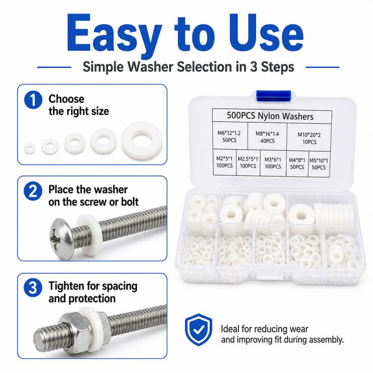 Afstandsskiver i nylon, 500-pak – Hvid / Nylon-skiver / Isoleringsskiver