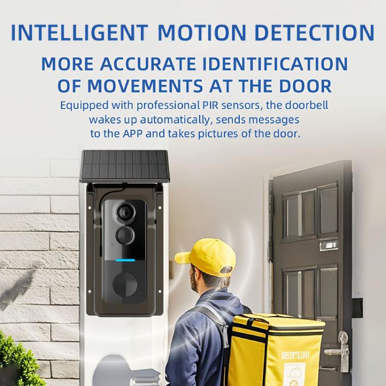 Smart dørklokke med kamera / solcellepanel, PIR-sensor, tovejskommunikation og modtager