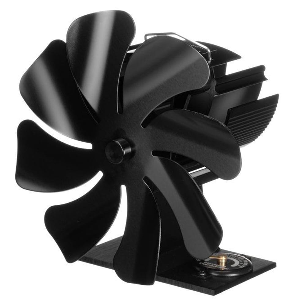 Brændeovnsventilator med 8 blade / fritstående ventilator med termometer 80–345 °C – Sort
