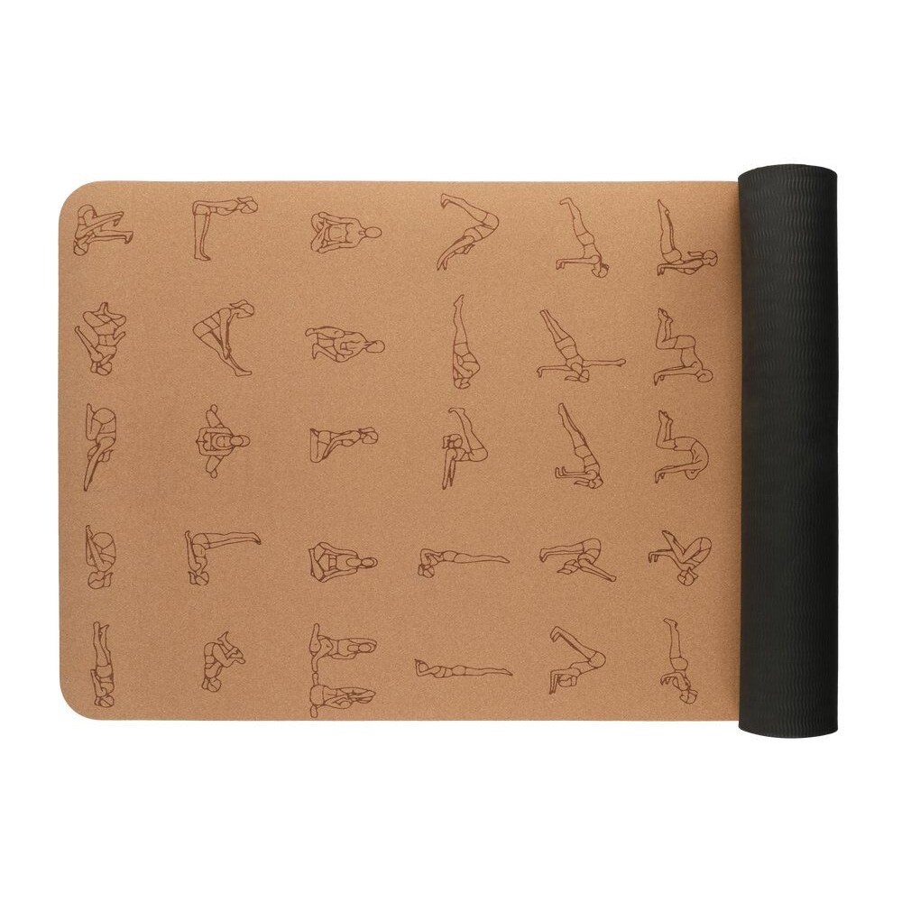 Yogamåtte og bæretaske / Træningsmåtte med kork / Yogamåtte med illustrerede stillinger