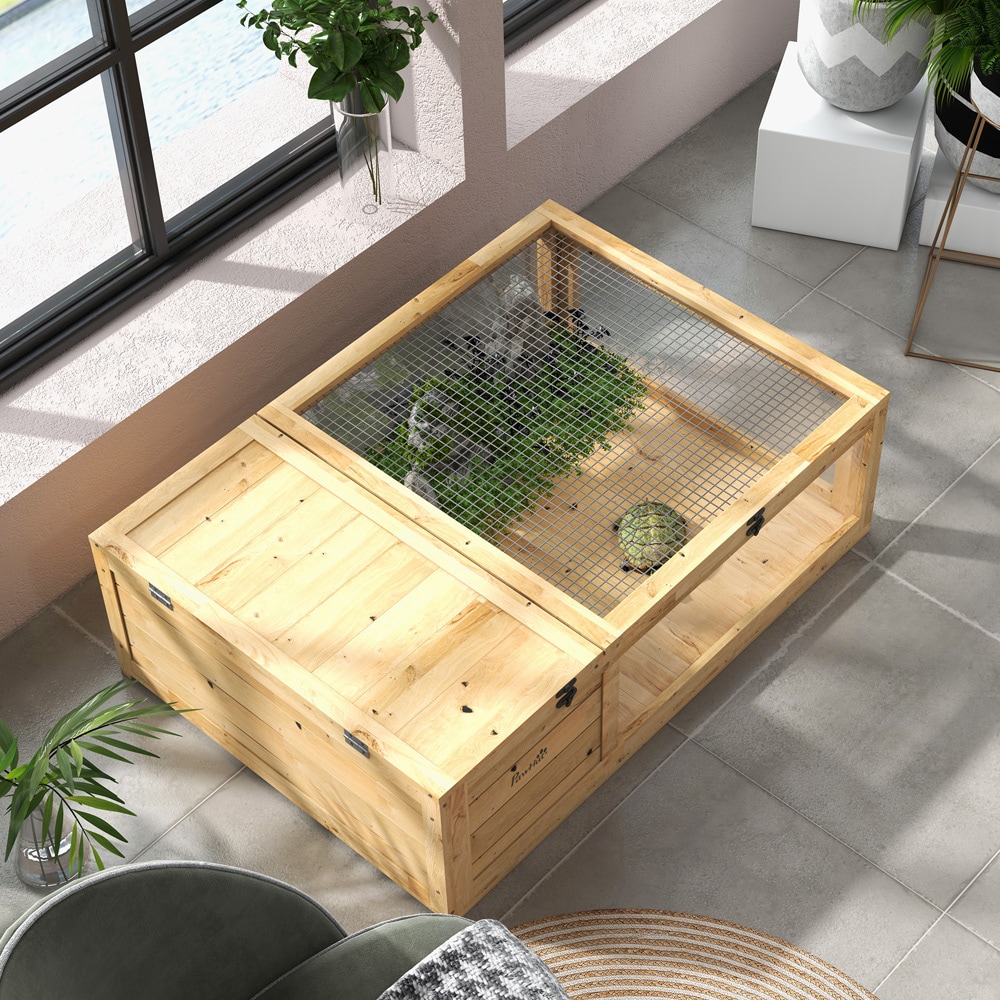 Skildpaddehus i træ 91×60,5×32 cm / skildpaddeindhegning med hvileområde og låg, der kan åbnes – Natur