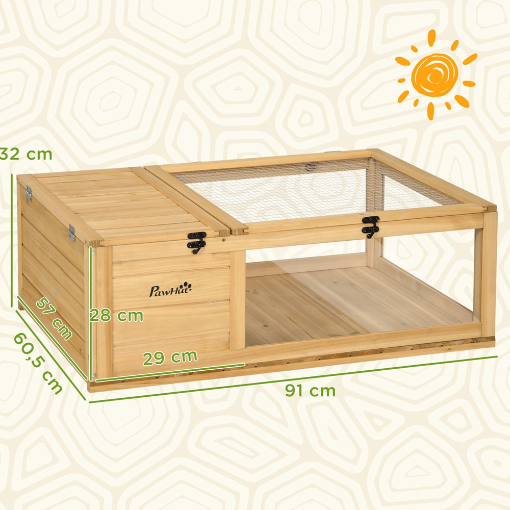 Skildpaddehus i træ 91×60,5×32 cm / skildpaddeindhegning med hvileområde og låg, der kan åbnes – Natur
