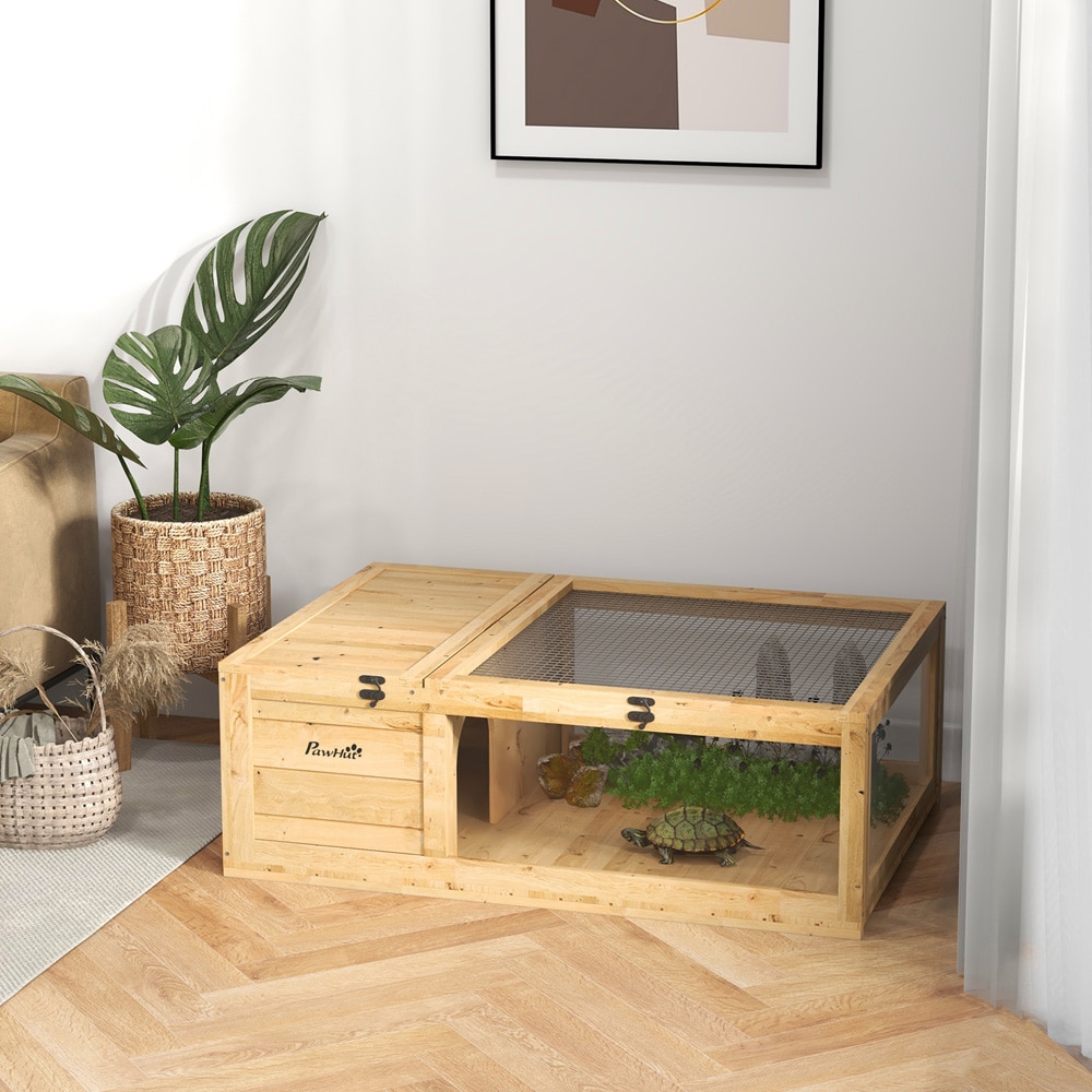 Skildpaddehus i træ 91×60,5×32 cm / skildpaddeindhegning med hvileområde og låg, der kan åbnes – Natur