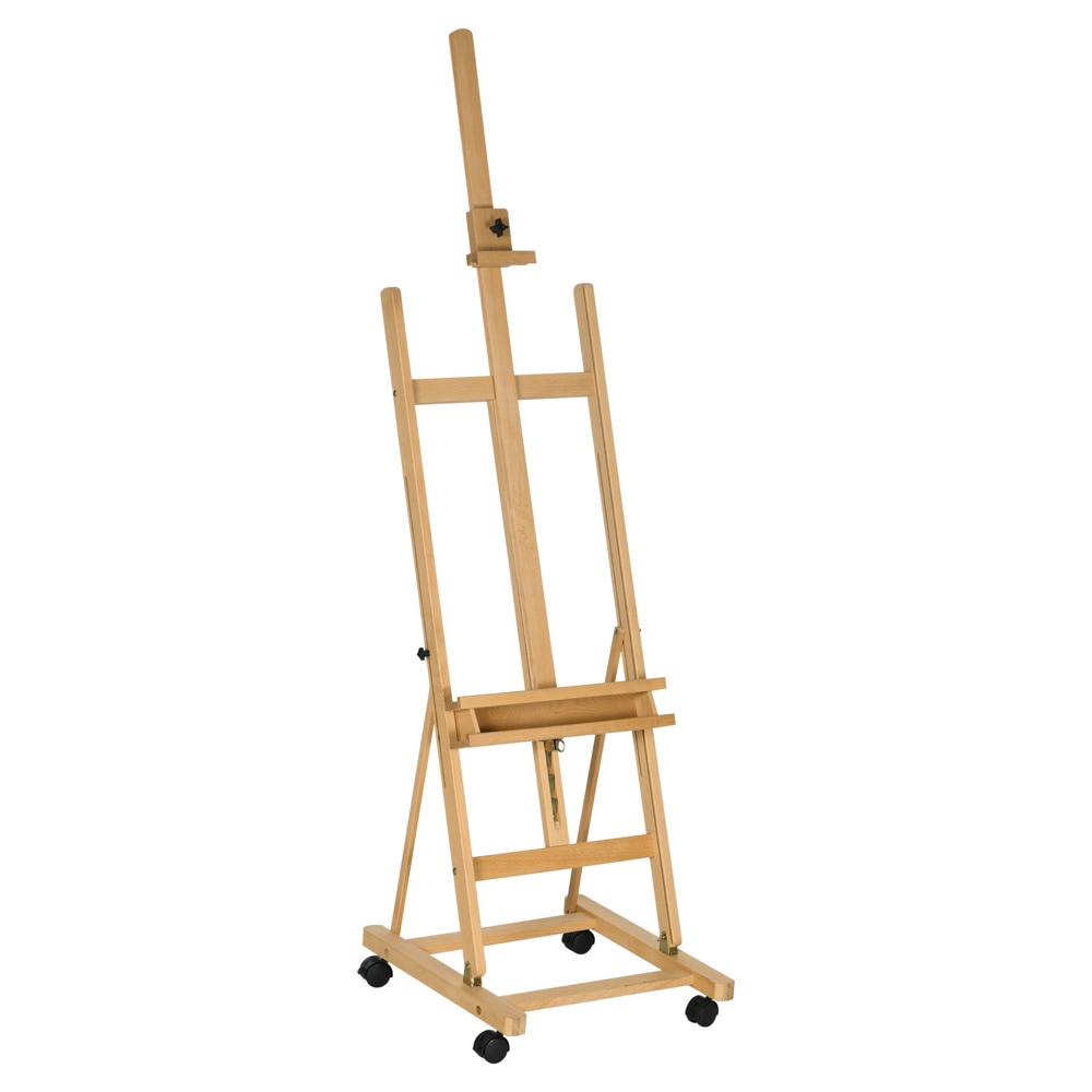 Kunstnerstaffeli i træ med justerbar højde 178–238 cm / staffeli med hjul og hylde – Natur/Sort