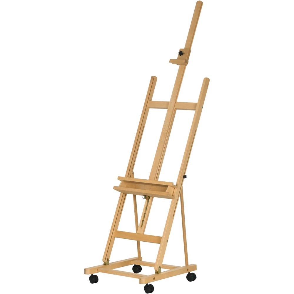Kunstnerstaffeli i træ med justerbar højde 178–238 cm / staffeli med hjul og hylde – Natur/Sort