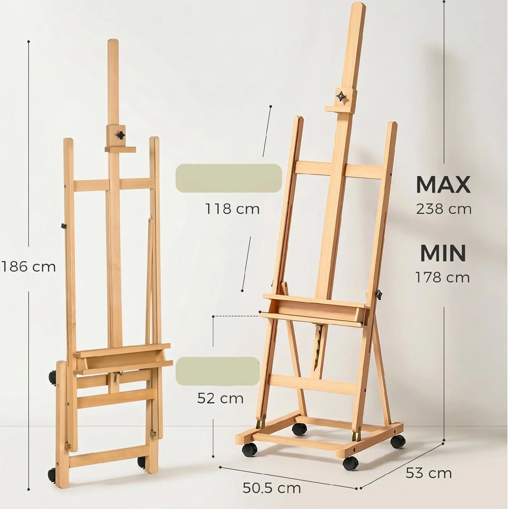 Kunstnerstaffeli i træ med justerbar højde 178–238 cm / staffeli med hjul og hylde – Natur/Sort