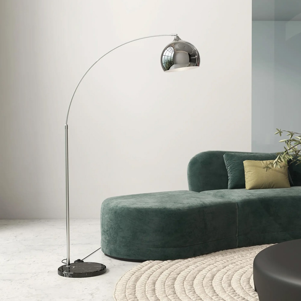 Gulvlampe med bue 170–180 cm / lampe med justerbar højde, marmorfod og fodkontakt – Sølv/Sort