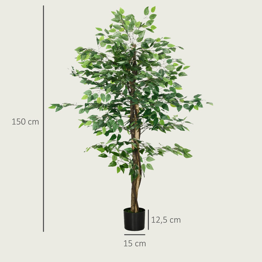 Kunstig fikus 150 cm / fikustræ med 882 blade og krukke / dekorationsplante – Grøn