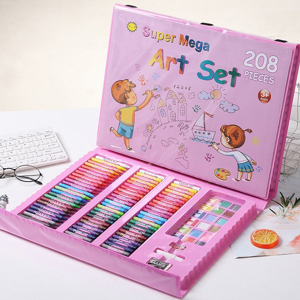 Malesæt med 208 dele / Komplet kunstnersæt med staffeli / Kreativt tegne- og hobby-sæt til børn