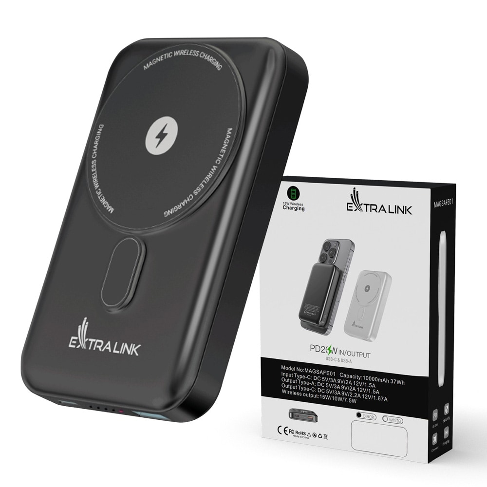 Powerbank 10.000 mAh med MagSafe – Grafit / Magnetisk ekstra batteri / Trådløs Qi-opladning