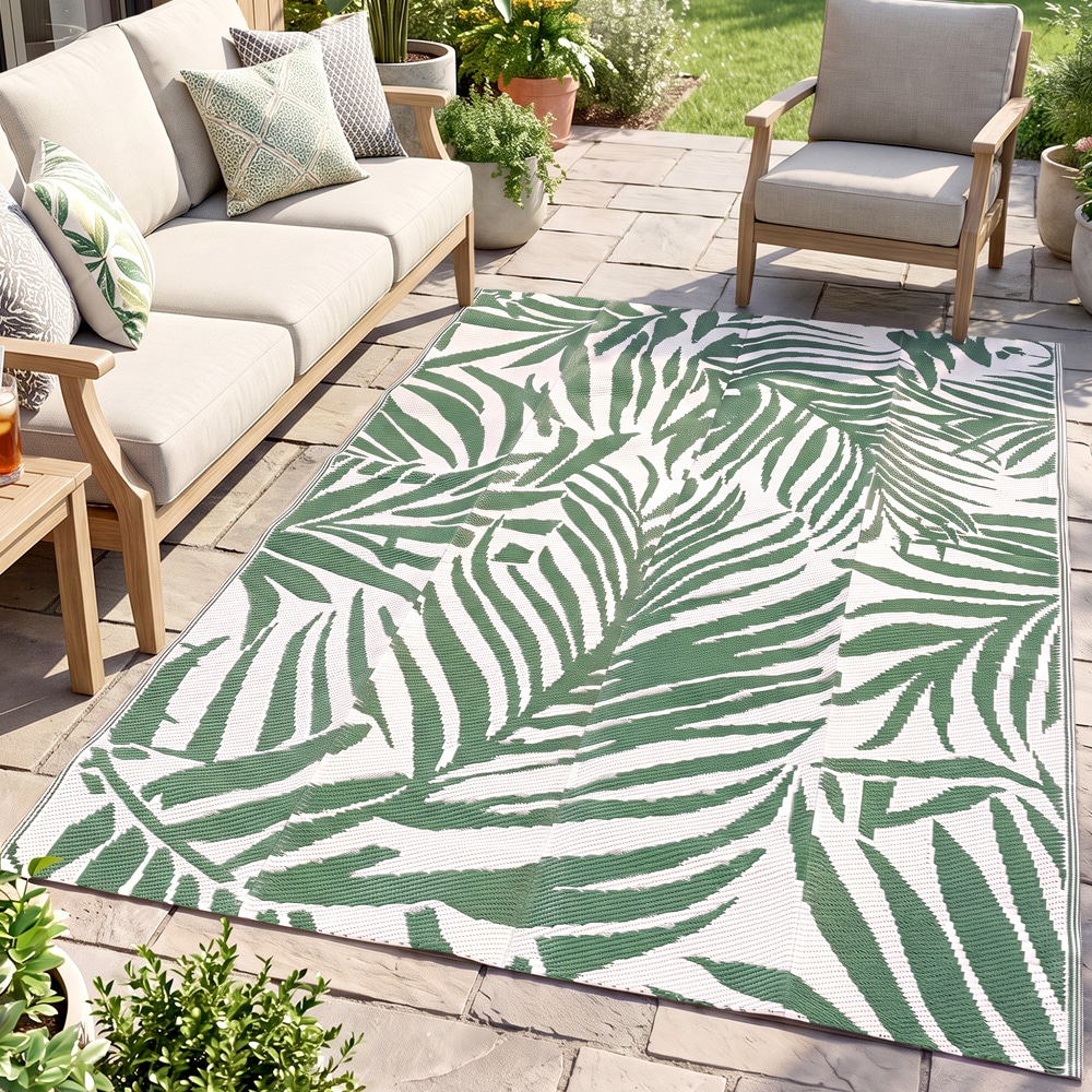 Vejrbestandig udendørs måtte 243 x 152 cm – grøn-hvid – Vendbar terrasse-måtte – Sammenfoldelig campingmåtte
