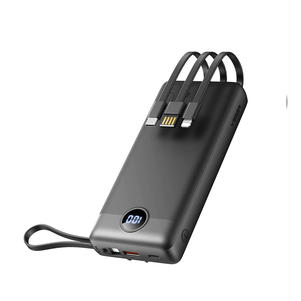 Veger C20 W2047/W2059 Powerbank 20000mAh med micro-USB/USB-C/Lightning-kabel – Svart / Ekstra batteri