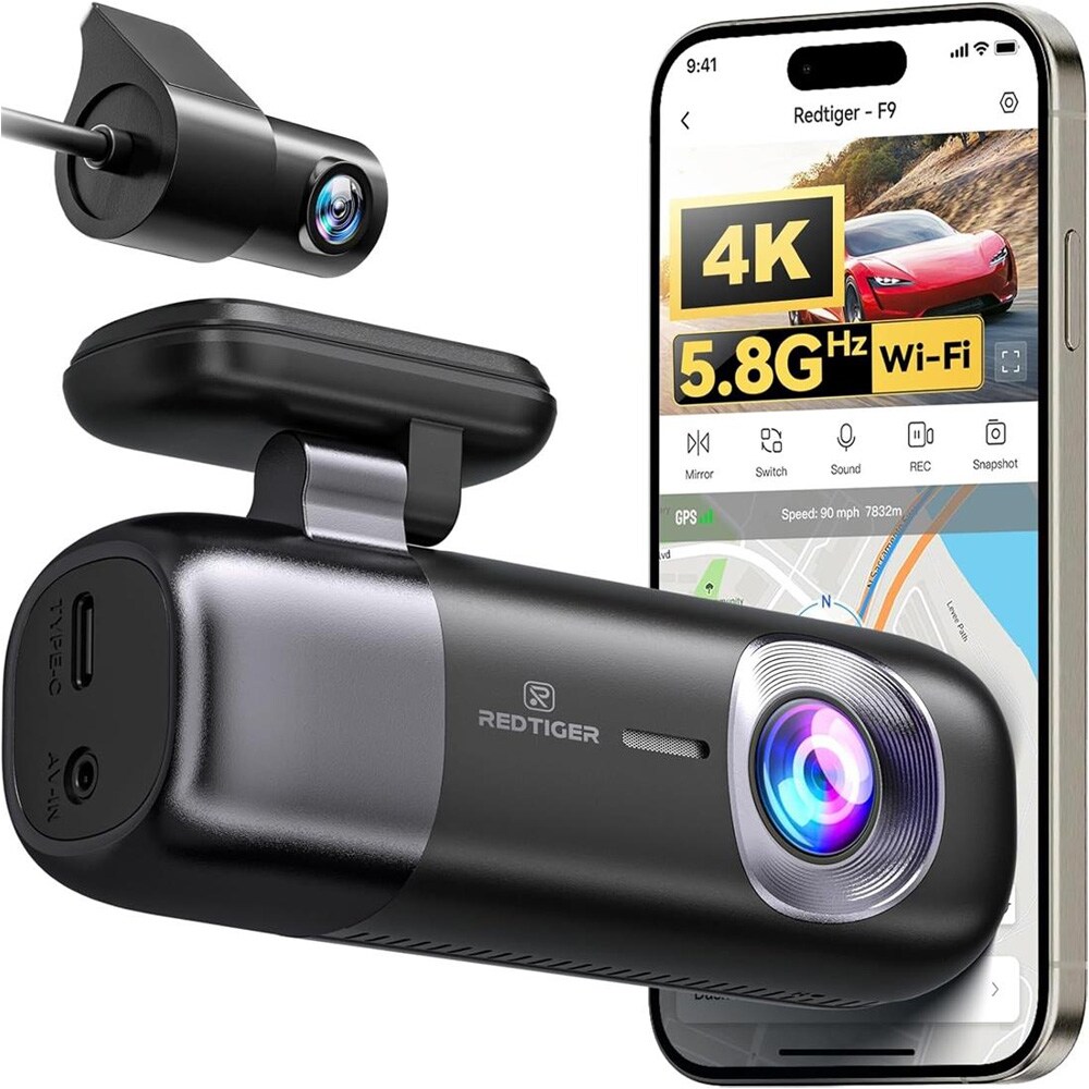 Redtiger F9 4K Dual Mini Dash Cam / Bilkamera til for og bag / Dashcam med GPS og WiFi