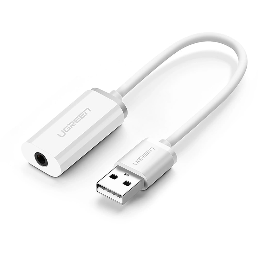 Ugreen US206 Lydadapter USB til 3,5 mm – Hvid / Eksternt USB-lydkort / Hovedtelefonadapter