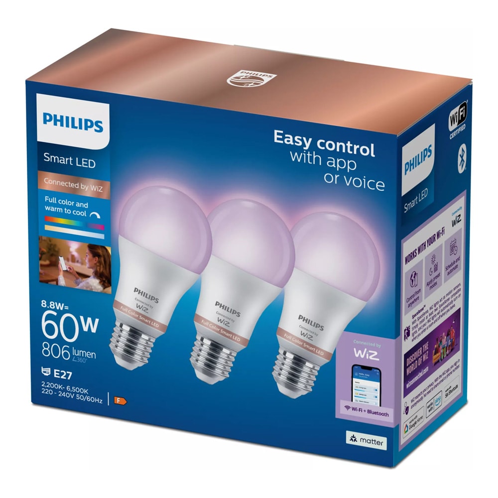 Philips RGB Smart-pære E27 A60 8,8 W, 3-pak / WiFi-LED-pære / RGB-smartpære 806 lm