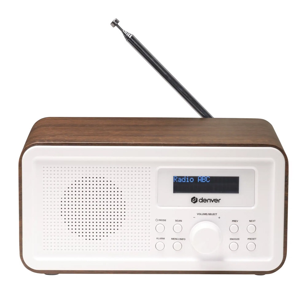 Denver DAB-30DW DAB+/FM-radio / Bærbar DAB-radio / Vækkerradio med træfinish