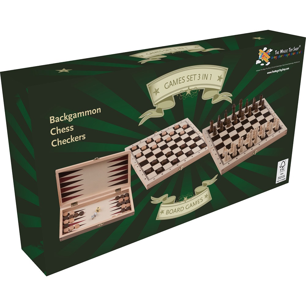 3-i-1 brætspil – Dam, Backgammon og Shack / Sammenklappeligt brætspil / Spilsæt i træ med opbevaringskasse