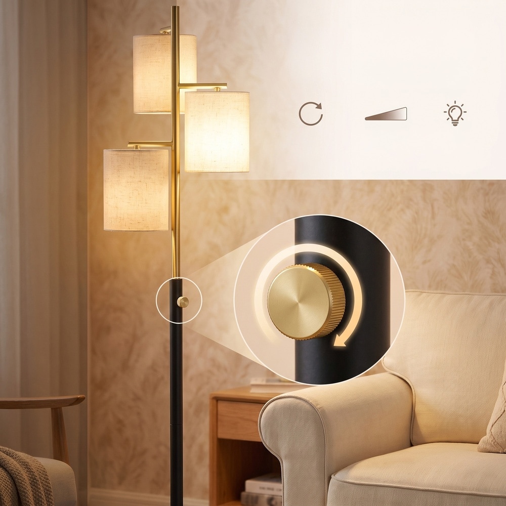 Golvlampa med 3 E27-socklar och tygskärm, höj- och sänkbar - Svart