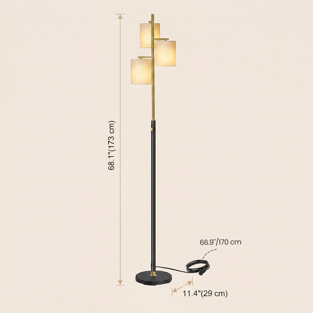 Golvlampa med 3 E27-socklar och tygskärm, höj- och sänkbar - Svart