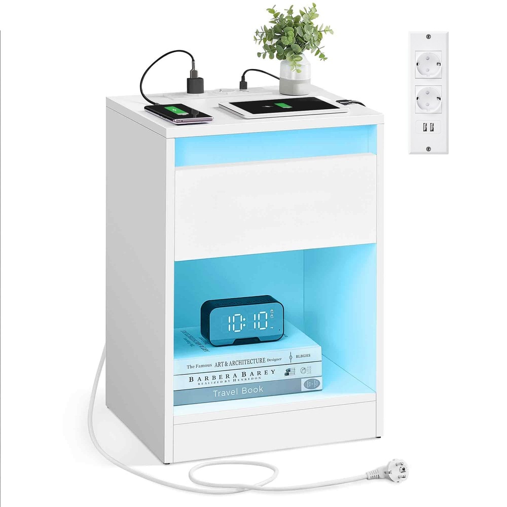 Sängbord med LED-belysning, laddstation och låda - Vit