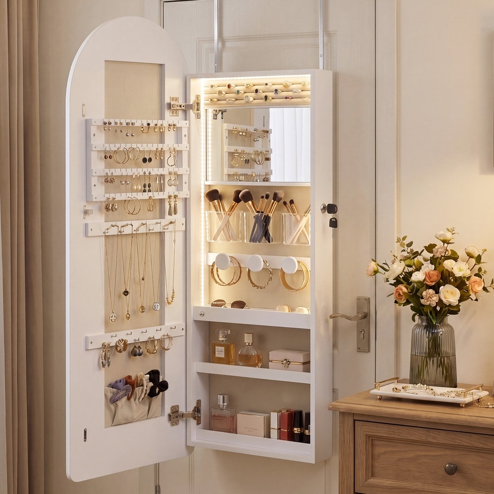 Smyckesskåp med välvd LED-spegel 108 cm - Vit/Beige