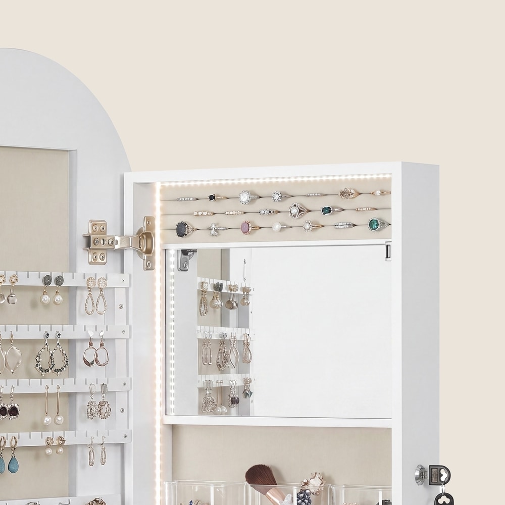 Smyckesskåp med välvd LED-spegel 108 cm - Vit/Beige