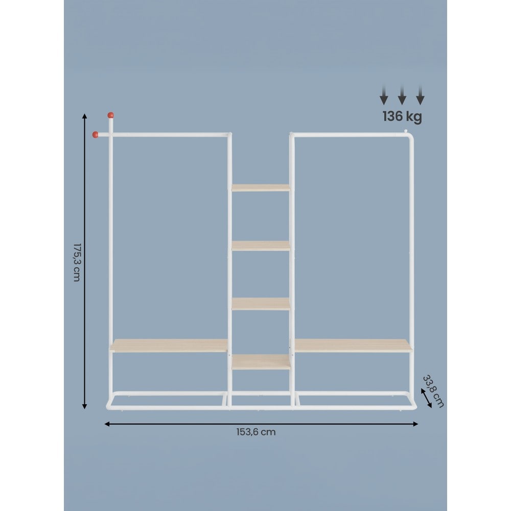 Öppen garderob med 6 hyllor och 2 klädstänger - Beige/Vit
