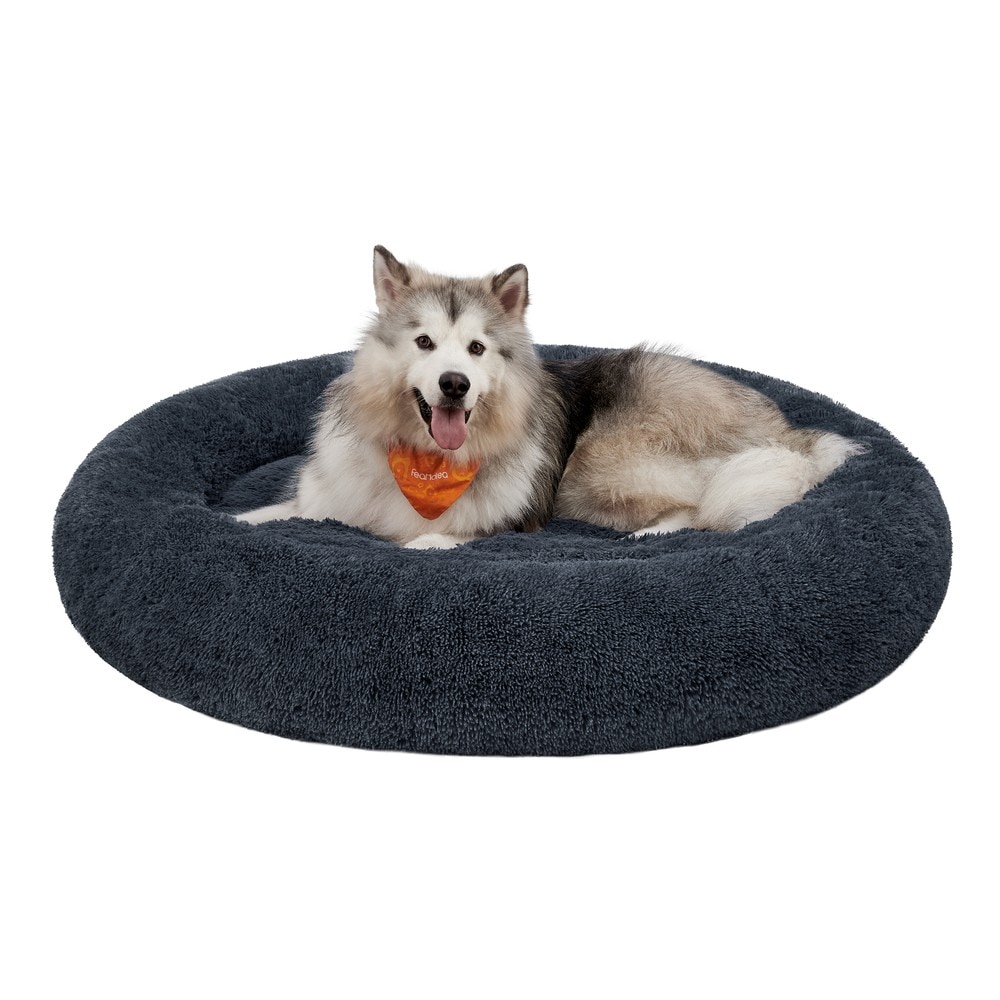 Product Image for Rund hundeseng, 140 cm, med høj kant / Hundepude i lang plys / Stor hundeseng med skridsikker bund