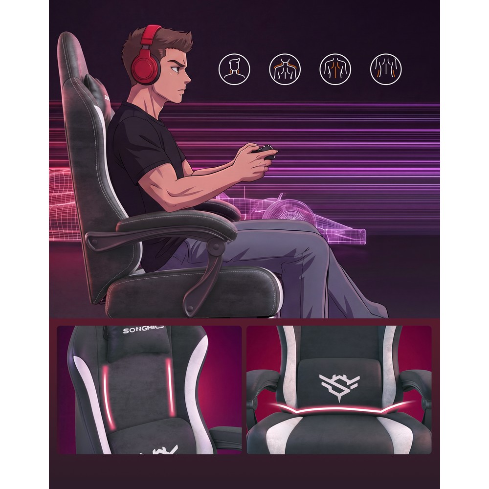 Gamingstol med fodstøtte / Computerstol med lændepude / Gamingstol med justerbart ryglæn