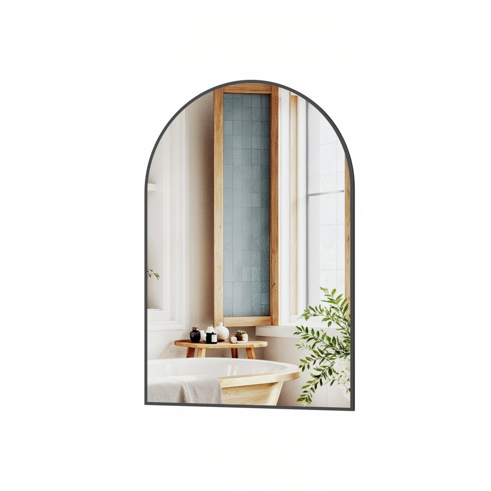 Buet vægspegel med svart ramme / Badeværelsesspejl 91 × 61 cm / Spejl med aluminiumsramme