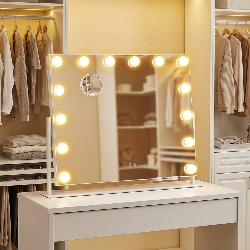 Makeupspejl med 14 LED-lamper / Bordspejl med lysdæmper / Kosmetikspegel med USB-opladning