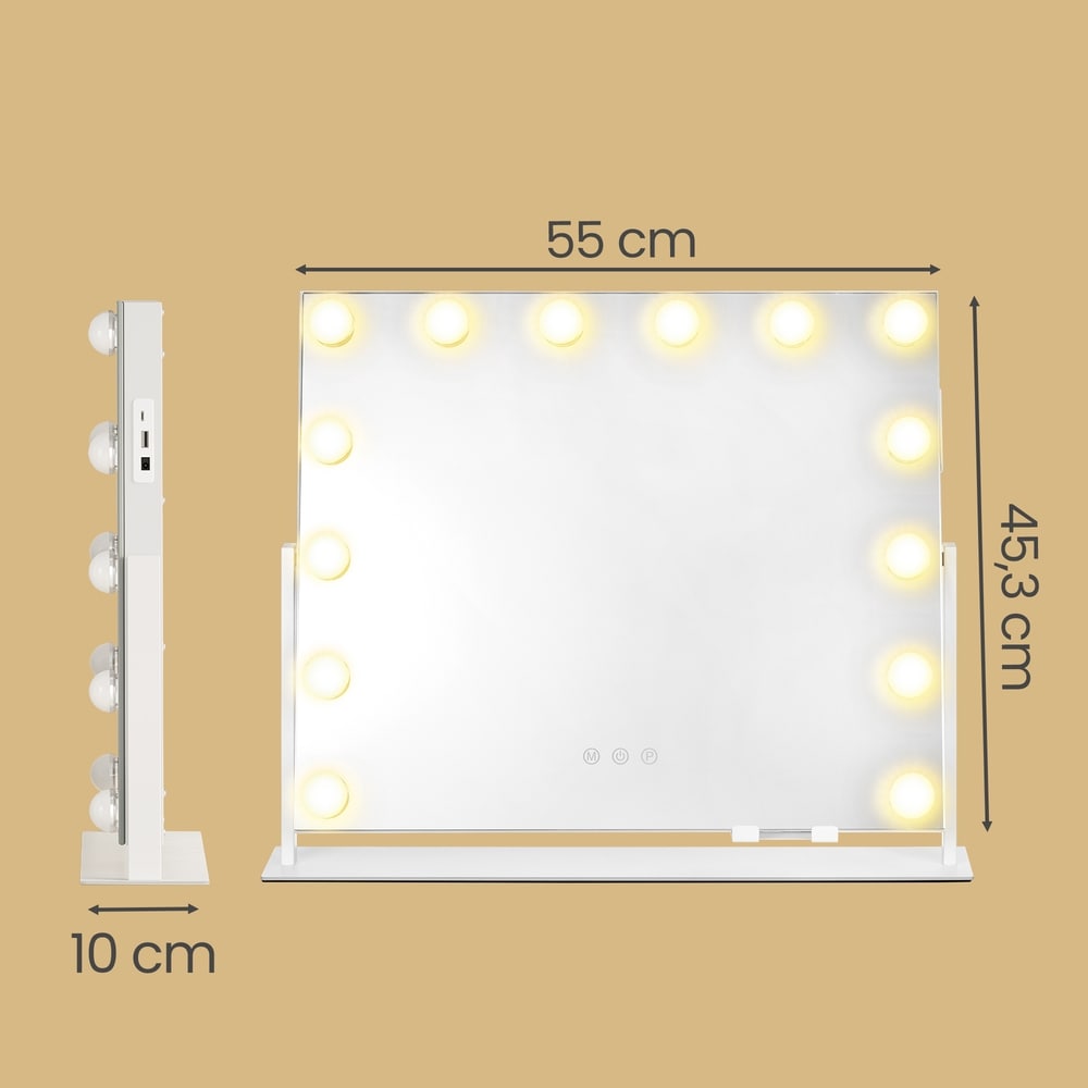 Makeupspejl med 14 LED-lamper / Bordspejl med lysdæmper / Kosmetikspegel med USB-opladning