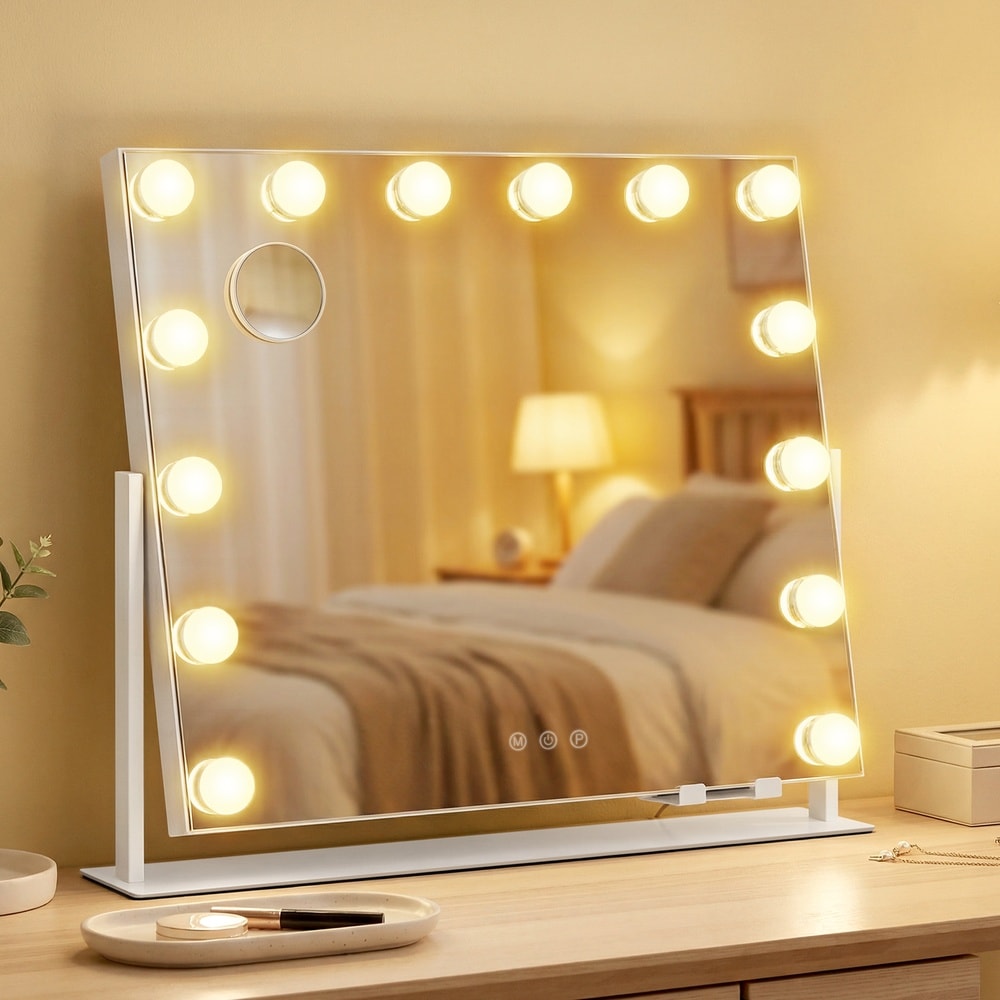 Makeupspejl med 14 LED-lamper / Bordspejl med lysdæmper / Kosmetikspegel med USB-opladning