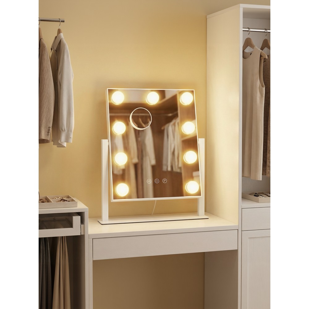 Makeupspejl med ni LED-lamper / Bordspejl med lysdæmper / Kosmetikspejl med forstørrelse