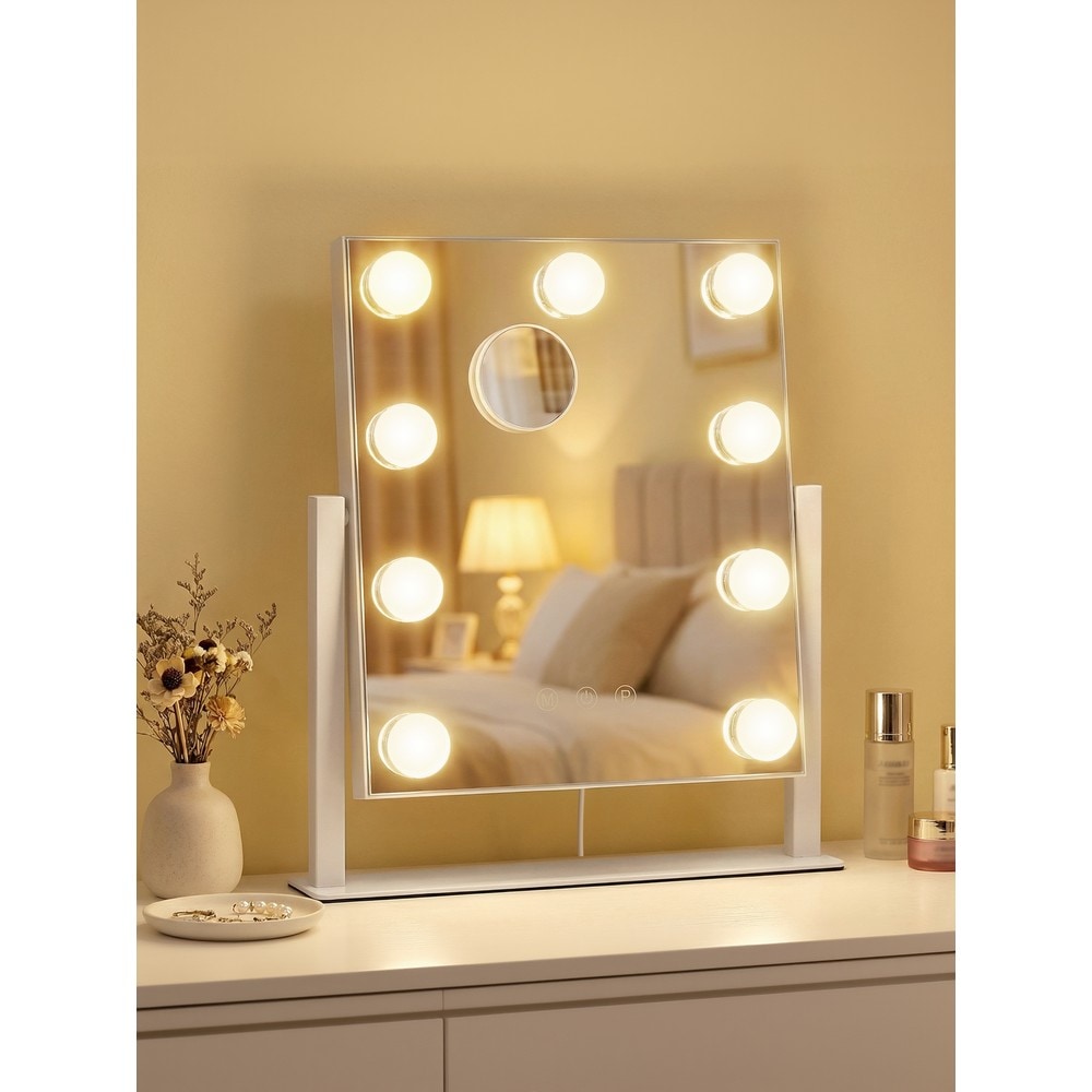 Makeupspejl med ni LED-lamper / Bordspejl med lysdæmper / Kosmetikspejl med forstørrelse