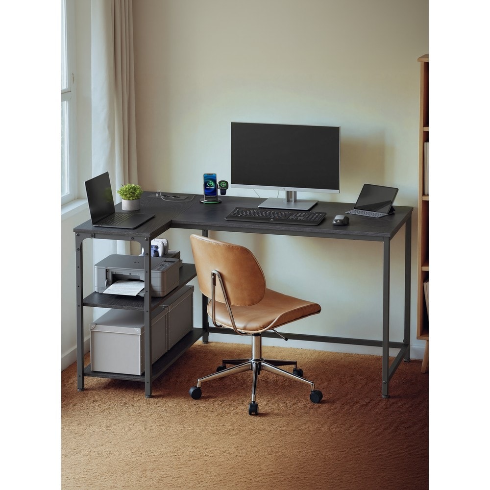 Skrivebord i L-form med stikkontakter / Hjørneskrivebord med hylde / Computerskrivebord med USB-porte